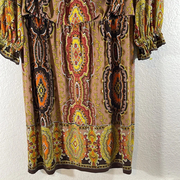 Boston Proper Muse Size 4 Brown Yellow Jersey Off The Shoulder Dress - Picture 4 of 10